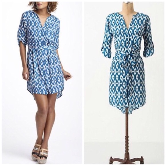 Anthropologie Dresses & Skirts - Anthropologie 3/4 Length Sleeve Blue Ikat Dress